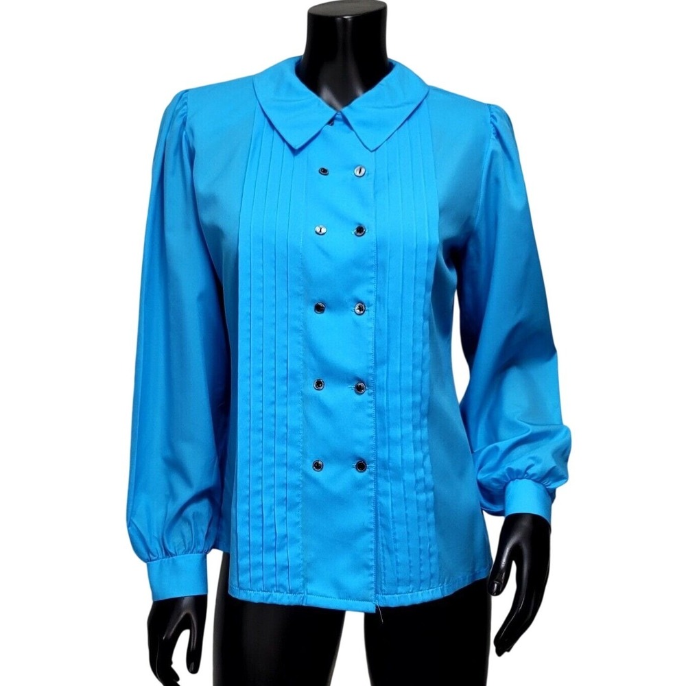 Vintage Judy Bond‎ Turquoise Blue Pintuck Double Breasted Blouse 80s USA M